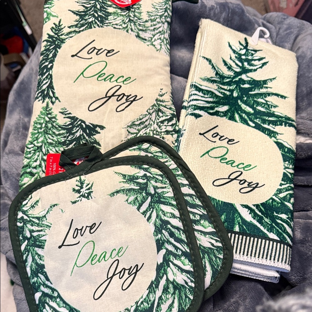 SALE- Love, Peace Joy Set- Holiday Kitchen Towel Set with Green Tree Design